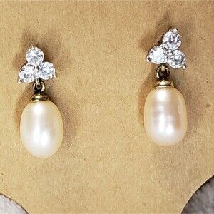 Pearl Drop Earrings with Rhinestone, Pierced